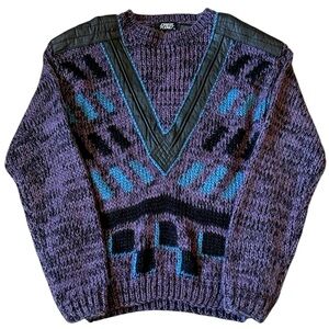VTG 80’s Abstract Knit Crewneck Sweater Leather Patches Purple Blue Black Small